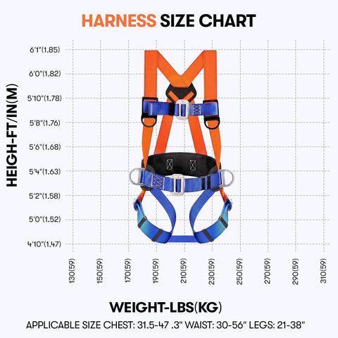 Full Body Safety Harness With Shock Absorbing Lanyard For Fall Protection OSHA And ANSI Compliant Unisex Gear size chart