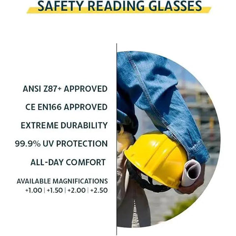 Safety reading glasses features including ANSI Z87+ approval, UV protection, with worker holding yellow hard hat and blueprints.