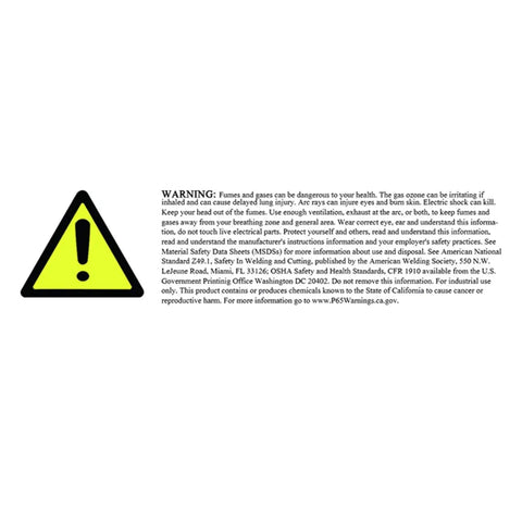 Warning label with safety instructions for welding, including fume hazards and protective gear advice.