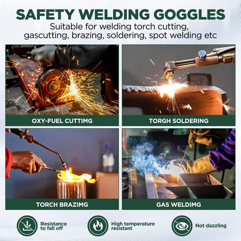 Safety welding goggles for cutting, soldering, brazing, welding; includes oxy-fuel cutting, torch brazing, and gas welding images.