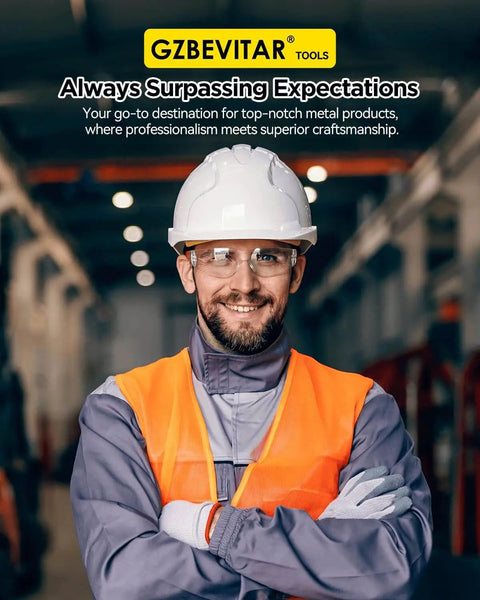 Worker in safety gear smiling in a warehouse, wearing a hard hat, safety goggles, and high-visibility vest with GZBEVITAR Tools sign.
