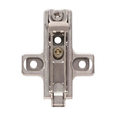 Front view of a zinc die-cast Salice 2mm frameless cabinet hinge base, part of the 10 Pack Salice Screw On Domi Mounting Plate set.