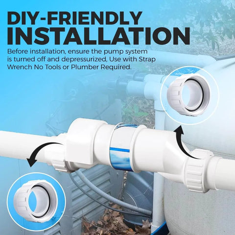 Salt Cell 2 Inch Union Replacement Kit for Chlorine Generators installed on pool pump line, showing durable PVC unions and O-rings.