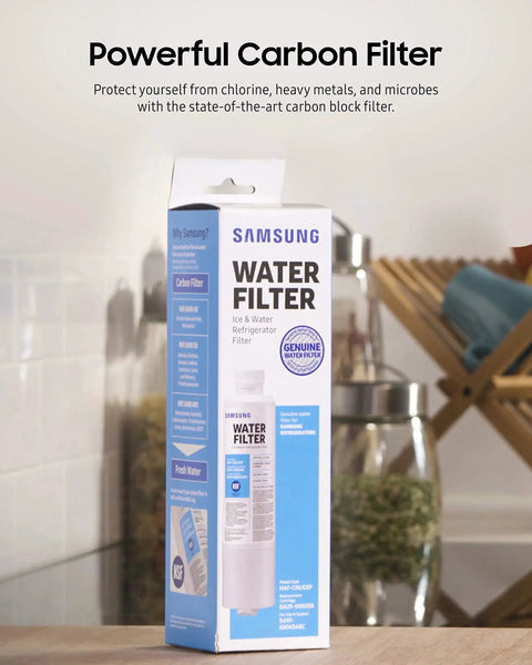 Pack of 2 refrigerator water filters in packaging on kitchen counter, compatible with popular French door, side by side and Bespoke fridge models