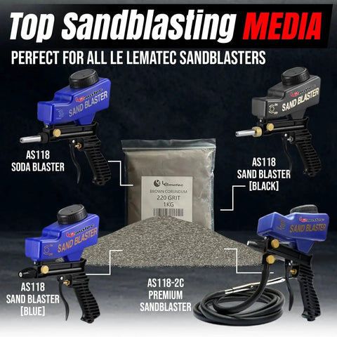 Four Lematec sandblasters and Brown Corundum Aluminum Oxide 220 Grit Blasting Media bag for rust removal and metal surface prep