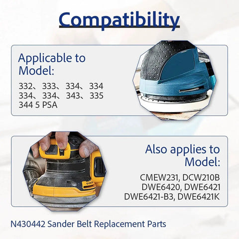 Compatibility chart for 2 Pack Replacement Belts for 5 Inch Random Orbital Sanders DeWalt DWE6420 DWE6421 DWE6423 models