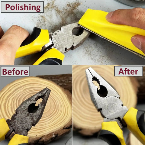 Detail Sander Paper Kit 70Pcs Wet Dry Sandpaper With 3 5 By 1 Inch Hand Block shown polishing pliers, before and after results.