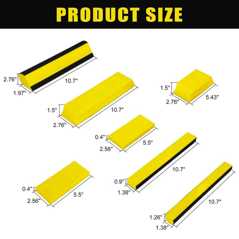 Diagram showing 7-piece Auto Body Sanding Block Set sizes for woodworking and automotive refinishing, featuring varied block shapes.