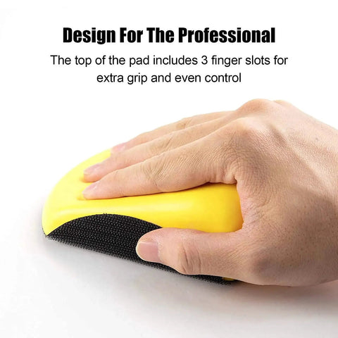 Hand holding 5 Inch Hook And Loop Mouse Sanding Block 2 Pack for Woodworking and Furniture with finger slots for grip.