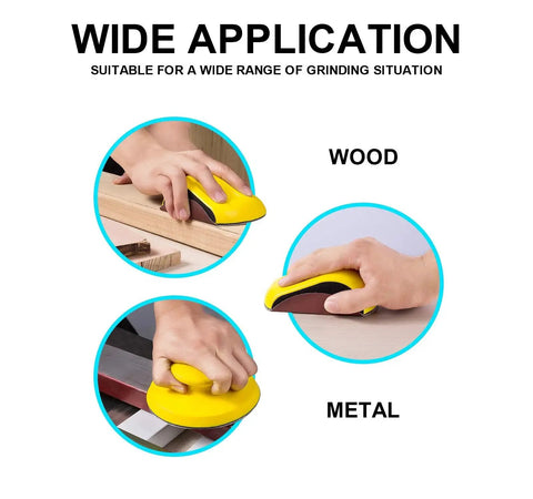 Wide application of 2 Pack 5 Inch Hook And Loop Hand Sanding Block Set With Mouse And Round Shapes on wood and metal surfaces.