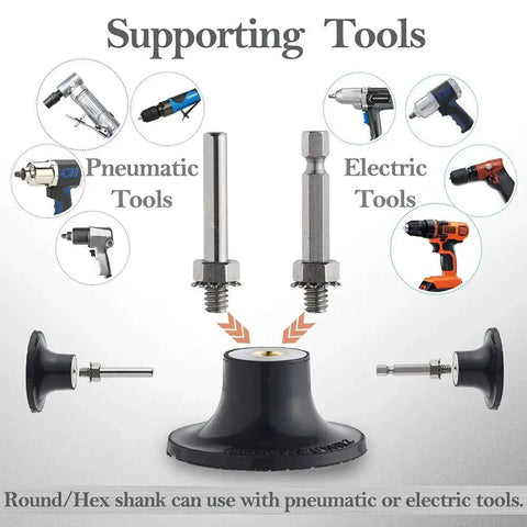 2 Inch Sanding Discs Variety Kit showing round and hex shank backer plate with pneumatic and electric tool compatibility.