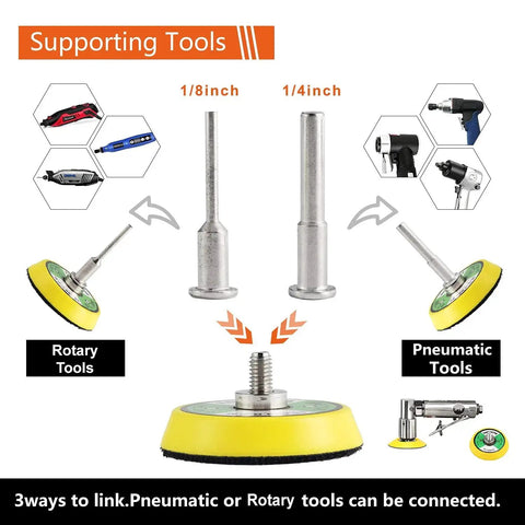 2 Inch Sanding Discs Variety Kit showing 1/8 and 1/4 inch shank backer plates with rotary and pneumatic tool compatibility
