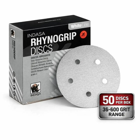Rhynogrip White Line Five Hole Vacuum Sanding Discs For Five Inch Sanders Premium Aluminum Oxide Hook And Loop Discs Boxed 50 Pack