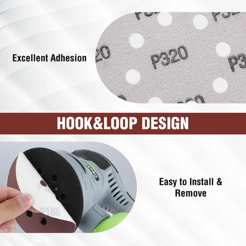 Close-up of sanding disc with text showing hook and loop design, part of 150 Piece Sanding Discs Set 5 Inch 8 Hole Grits 60 To 600 For Random Orbital Sander.