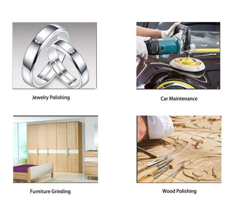 Jewelry rings, car maintenance with polisher, wooden furniture, and detailed wood carving showing uses for 2 Inch Sanding Discs Set 80 To 3000 Grit