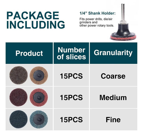 46 Piece Two Inch Roll Lock Quick Change Sanding Discs With One Quarter Inch Holder showing 15pcs each of coarse, medium, fine grits.