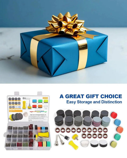 Gift set with 1 Inch Wet And Dry Sanding Discs And Drums Kit for Rotary Tool 60 to 10000 Grit, includes storage case and accessories.