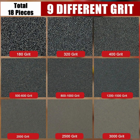 Image of 9 different grit levels in the Five Inch Foam Sanding Pad Set 18 Pcs 180 3000 Grit For Wet Dry Orbital Sander.