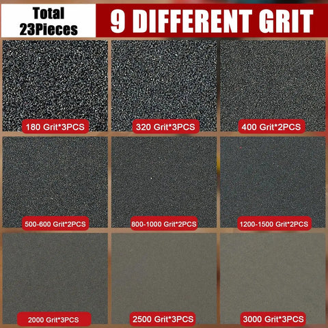 24 Pack Detail Sanding Sponge Set 3 Inch Pads Grit 180-3000 For Edges And Curves, showing all grit types available
