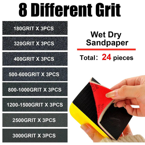 24 Piece Sanding Sponge Set 180 To 3000 Grit Foam Hand Sander 3x4in Wet Dry with hand holding sponge and grit details