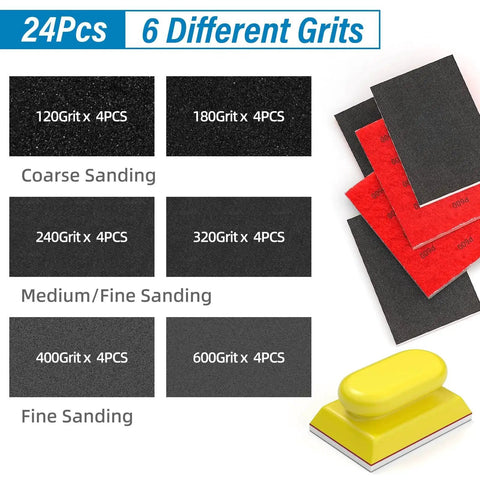 25 Piece Sanding Sponge Set 120-600 Grit 3x4 Inch Wet Dry Foam Blocks For Wood, various grits displayed with yellow sanding block