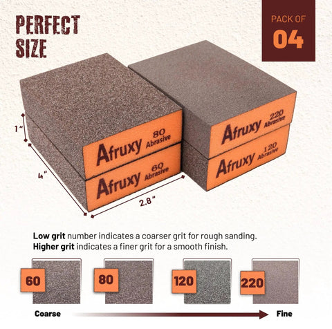 Sanding Sponge 4 Pack 60 80 120 220 Grit Wet Dry Sanding Blocks stacked, showing size and grit details for wood, drywall, metal.