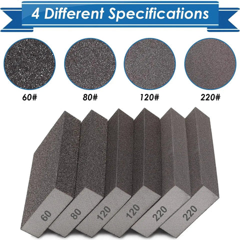 Set of six sanding sponges in varying grits with specifications labeled, Six Piece Sanding Sponge Set Washable Reusable 60 80 120 220 Grits for Wood