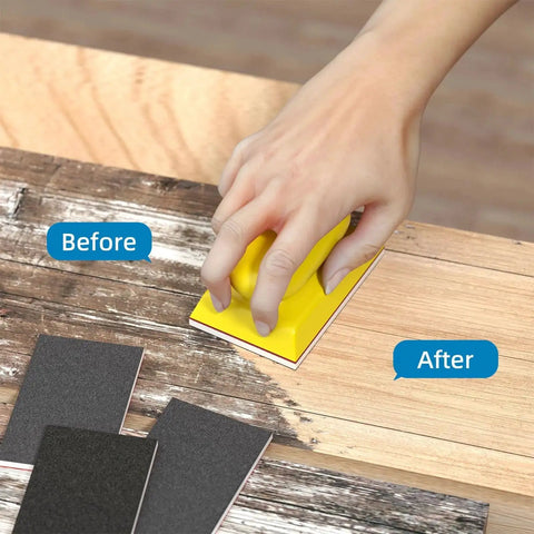 Hand using 25 Piece Sanding Sponge Set 120-600 Grit 3x4 Inch Wet Dry Foam Block For Wood, showing before and after results on wood surface.