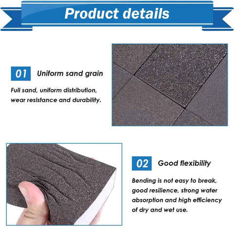 Close-up of Six Piece Sanding Sponge Set with 60 80 120 220 grits showing uniform sand grain and flexibility for wood use.
