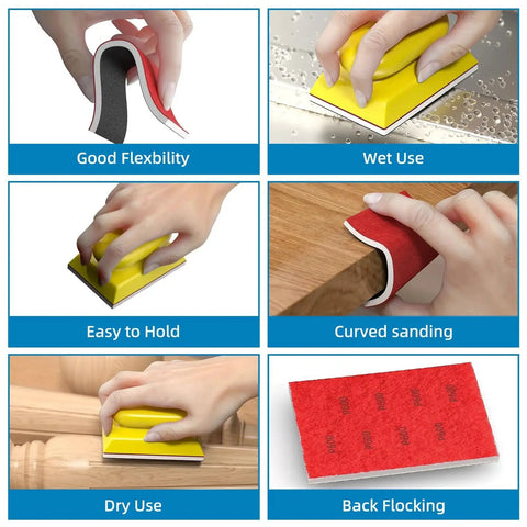 Collage showing 25 Piece Sanding Sponge Set 120-600 Grit 3x4 Inch Wet Dry Foam Blocks For Wood in various uses like wet, dry, curved sanding.