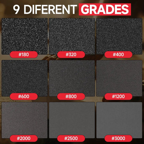 Image of 9 grit sandpaper textures from the 20 Piece Sanding Sponge Set With 9 Grits 180 To 3000 Wet Dry For Wood Metal.