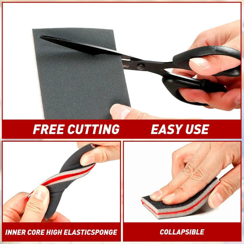 Demonstrating use of 24 Pcs Sanding Sponges 800 1000 Grit Reusable Blocks for cutting, elasticity, and flexibility in sanding tasks.