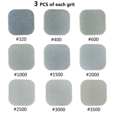 9 grits of 27 pcs sanding sponges 2x2 pads 320 to 3500 for craft polishing, arranged in a grid with labels for each grit