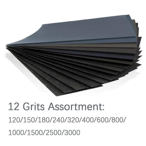 24 Sheet Sandpaper Variety Pack 120 To 3000 Grits With Hand Sander 9x3.6 Inch showing 12 grits assortment