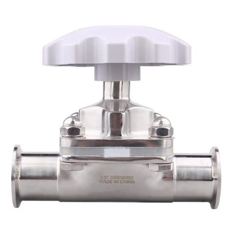 Front view of Sanitary Diaphragm Valve With Silicone Seal, Stainless Steel 316L, 1.5 Inch Tri Clamp handle, DERNORD, for ultrapure fluid control.