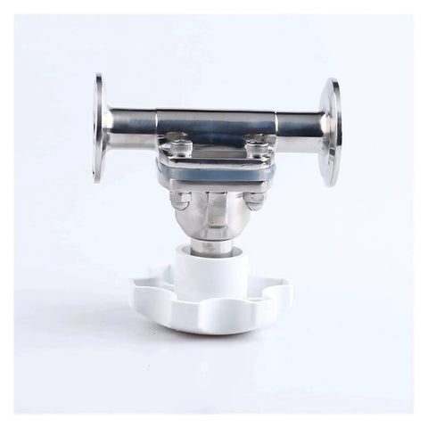 Sanitary Diaphragm Valve For Brewing And Dairy Built Rugged Half To One And A Half Inch SS316L Stainless Steel Clamp Valve With OD32 Clamp 50.5 Heavy Duty Square Body Design No Tools Needed No Soldering Or Crimping Corrosion Resistant, front view