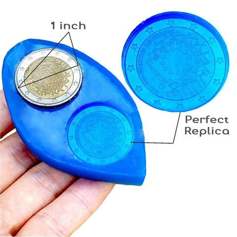 Liquid Silicone Mold Making Kit Sapphire Blue 30A showing coin mold with detailed replica and measurement