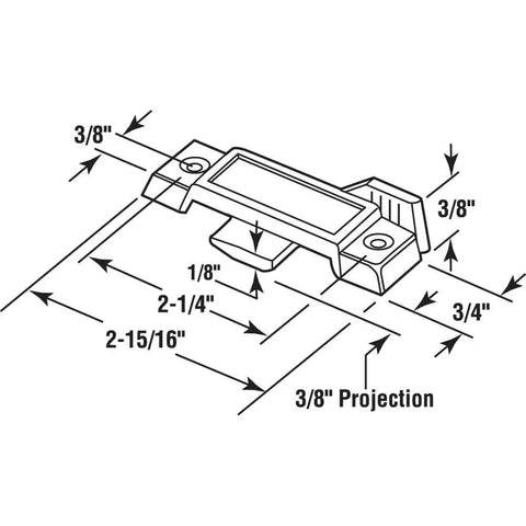 Diagram of 2-1/4 Inch Mounting Hole Centers Sash Lock for Vertical and Horizontal Sliding Windows in Black Diecast, dimensions shown.