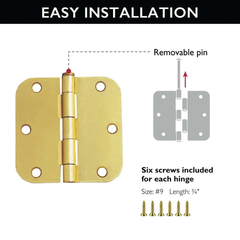 Illustration of Heavy Duty Interior Door Hinges 3.5 Inch By 3.5 Inch 5 Eighth Inch Radius Satin Brass 10 Pack, shows removable pin and screws.