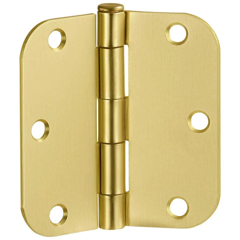 Heavy Duty Interior Door Hinges 3.5 Inch By 3.5 Inch 5 Eighth Inch Radius Satin Brass, close-up of single hinge.