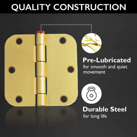 Heavy Duty Interior Door Hinges 3.5 Inch By 3.5 Inch 5 Eighth Inch Radius Satin Brass 10 Pack Steel Construction