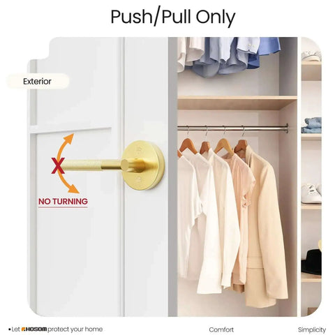 Two Pack Knurled Brushed Gold Dummy Door Handles For Interior Doors installed on closet door, satin brass finish, push/pull only.