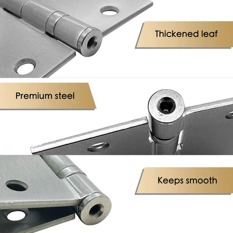 Close-up of a Three Pack 4.5 Inch By 4.5 Inch Commercial Grade Ball Bearing Door Hinges With Non Removable Pin Stainless Steel Construction.