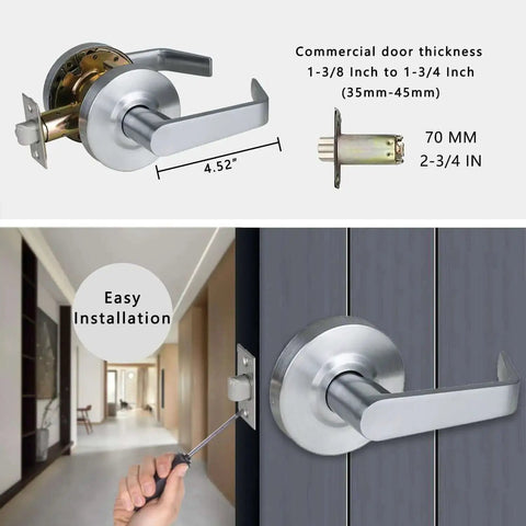 Heavy Duty Commercial Passage Door Lever In Satin Chrome Finish Nonlocking Grade 2 Door Handle with ergonomic lever installed on door