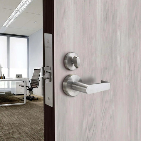Beefy Heavy Duty Grade One Mortise Lockset With Lever Door Handle Non Handed Rose Trim Satin Chrome US32D installed on office door