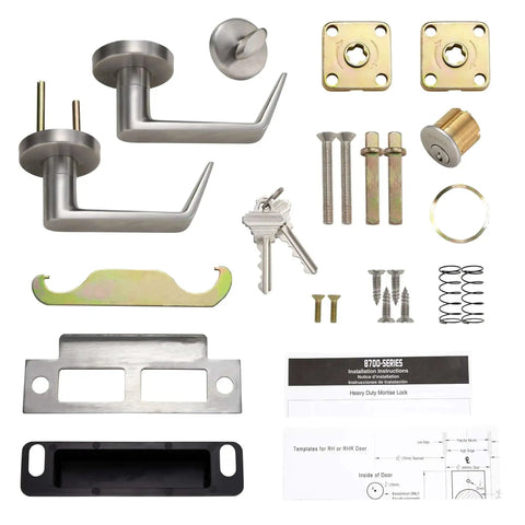 Beefy Heavy Duty Grade One Mortise Lockset With Lever Door Handle Non Handed Rose Trim Satin Chrome US32D ADA Compliant Keyed