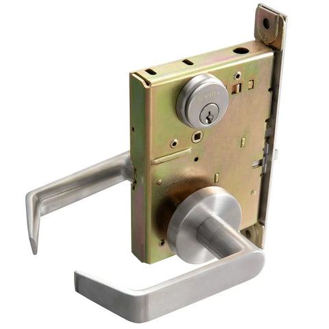 Beefy Heavy Duty Grade One Mortise Lockset With Lever Door Handle Non Handed Rose Trim Satin Chrome US32D ADA Compliant Keyed Lever Lockset