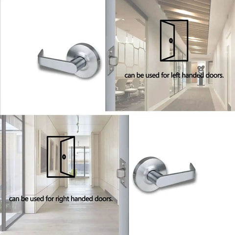 Heavy Duty Commercial Passage Door Lever In Satin Chrome Finish Nonlocking Grade 2 Door Handle installed on left and right sided doors