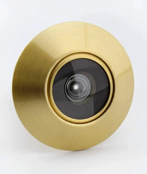 Door Viewer Peephole With 200 Degree Clarity And Heavy Duty Rotating Privacy Cover In Satin Gold Brass Fits One And Three Eighths Inches To Two And One Sixth Inches Doors Tough As Nails Anti Prying Security For Home Office And Hotel Built To Last shown front view.