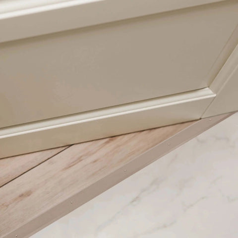 Close-up of 1-3/4 in. x 1/8 in. x 36 in. Satin Nickel Aluminum Flat Profile Threshold for Interior Doorways installed under a door